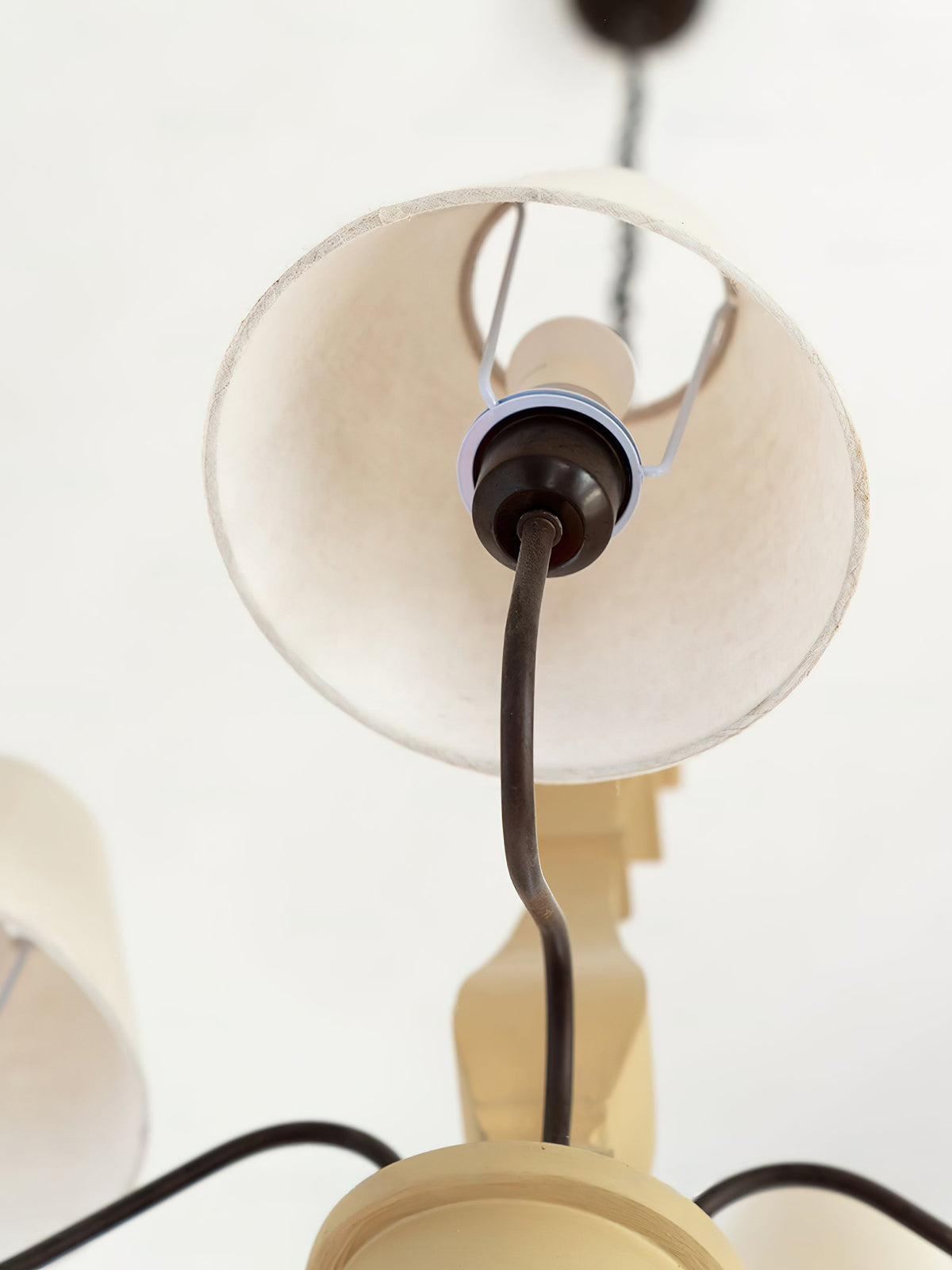 Adela Wood Chandelier – Hammered Black Metal, Natural Wood & Linen Shade Chandelier