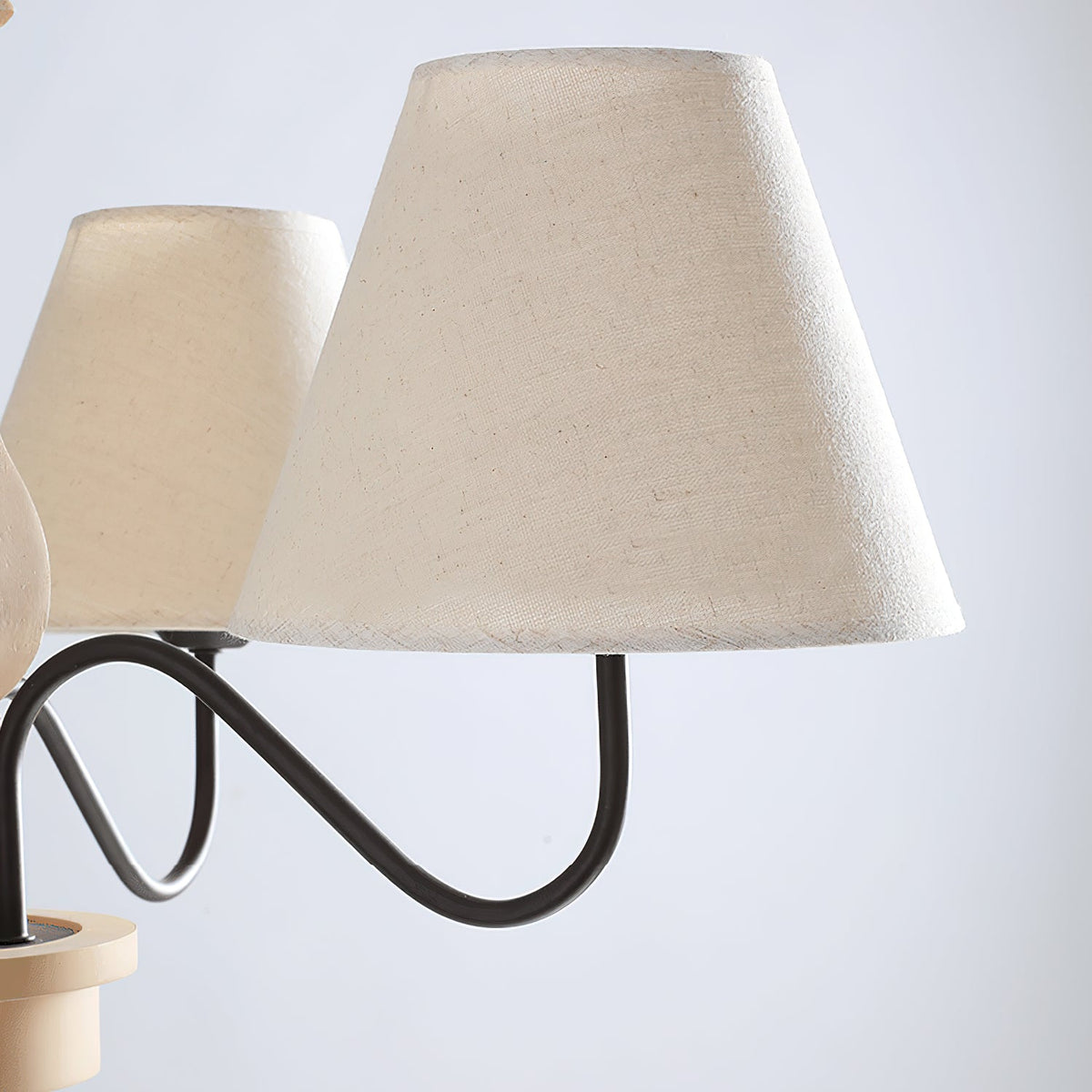 Adela Wood Chandelier – Hammered Black Metal, Natural Wood & Linen Shade Chandelier