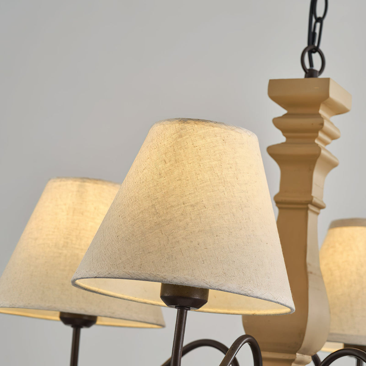 Adela Wood Chandelier – Hammered Black Metal, Natural Wood & Linen Shade Chandelier