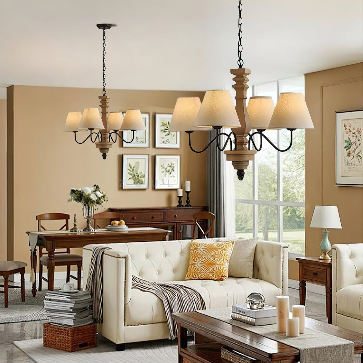 Adela Wood Chandelier – Hammered Black Metal, Natural Wood & Linen Shade Chandelier