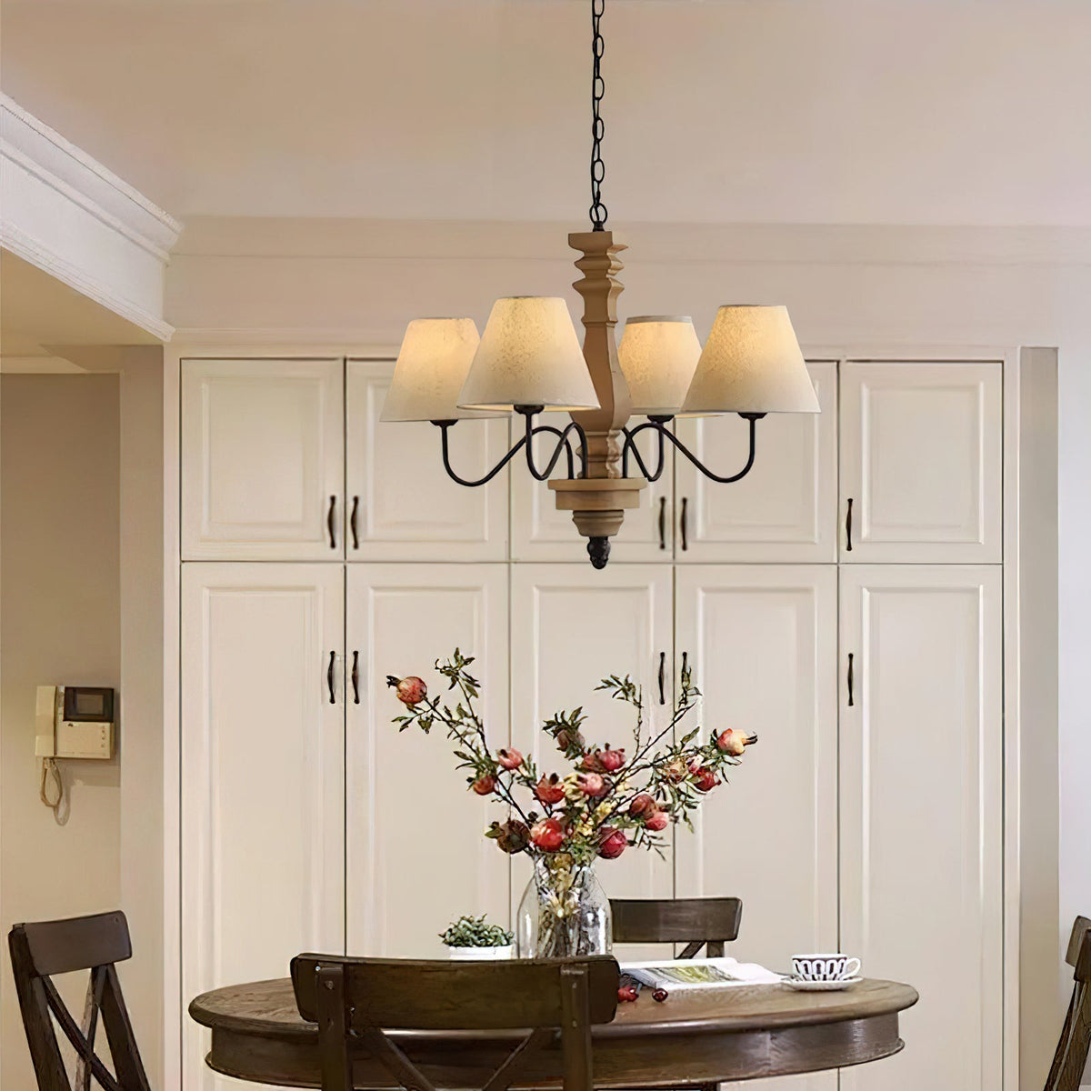 Adela Wood Chandelier – Hammered Black Metal, Natural Wood & Linen Shade Chandelier