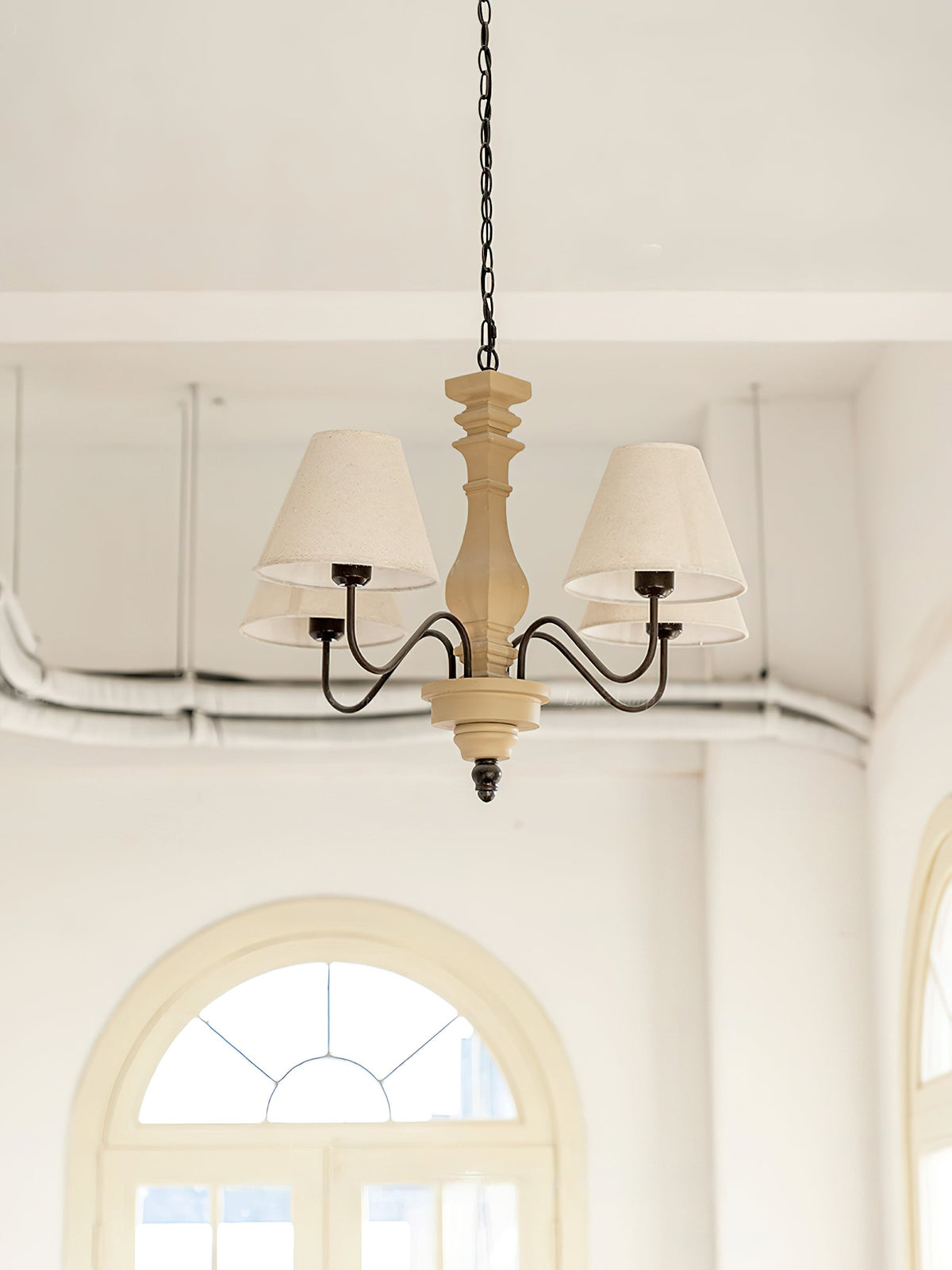 Adela Wood Chandelier – Hammered Black Metal, Natural Wood & Linen Shade Chandelier