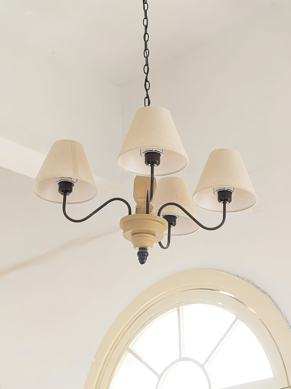 Adela Wood Chandelier – Hammered Black Metal, Natural Wood & Linen Shade Chandelier