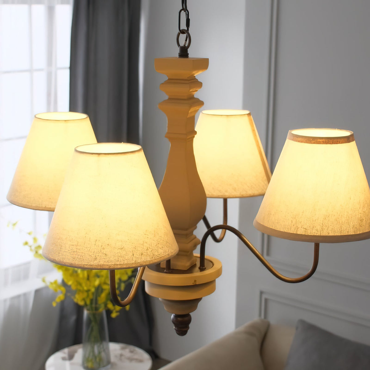 Adela Wood Chandelier – Hammered Black Metal, Natural Wood & Linen Shade Chandelier