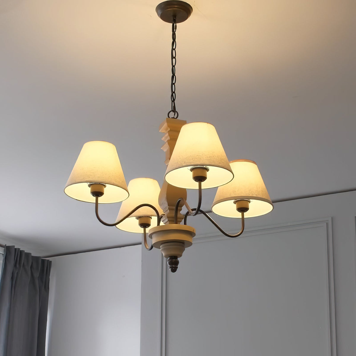 Adela Wood Chandelier – Hammered Black Metal, Natural Wood & Linen Shade Chandelier