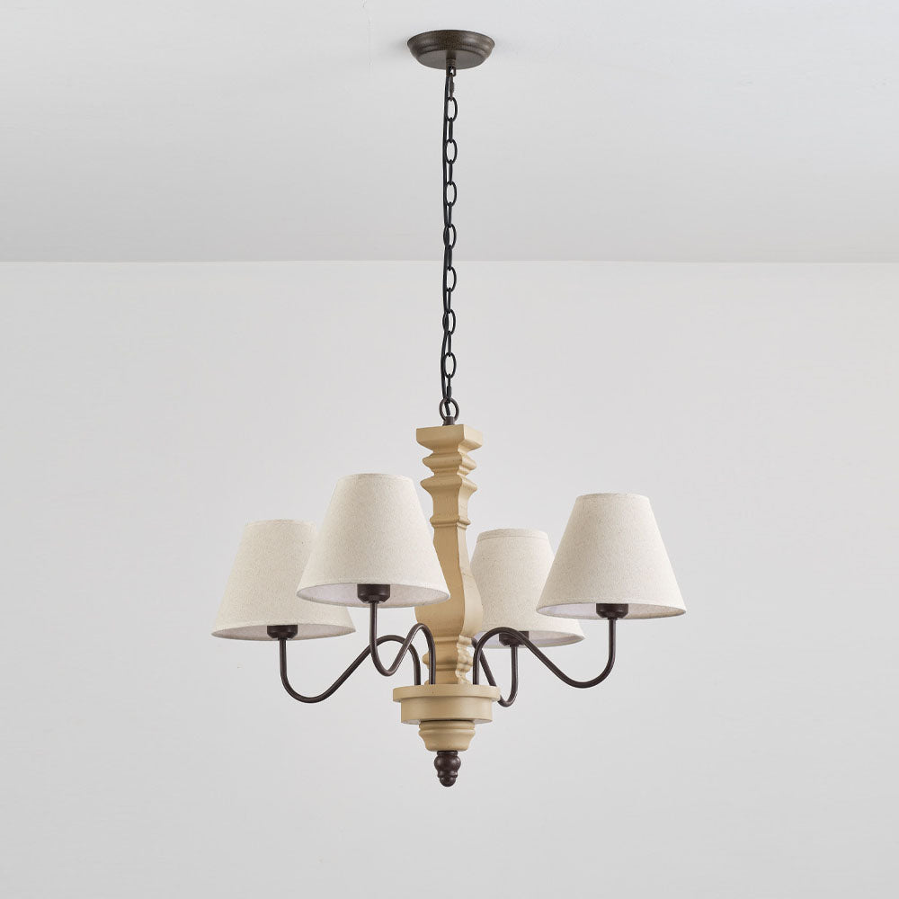 Adela Wood Chandelier – Hammered Black Metal, Natural Wood & Linen Shade Chandelier