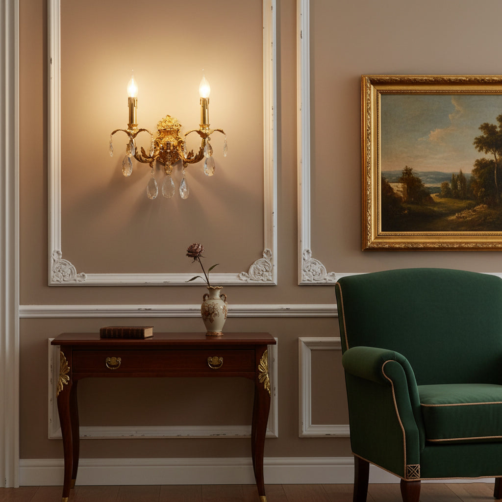 Adriana Brass Wall Lamp – French Provincial Opulent Brass & Crystal Sconce