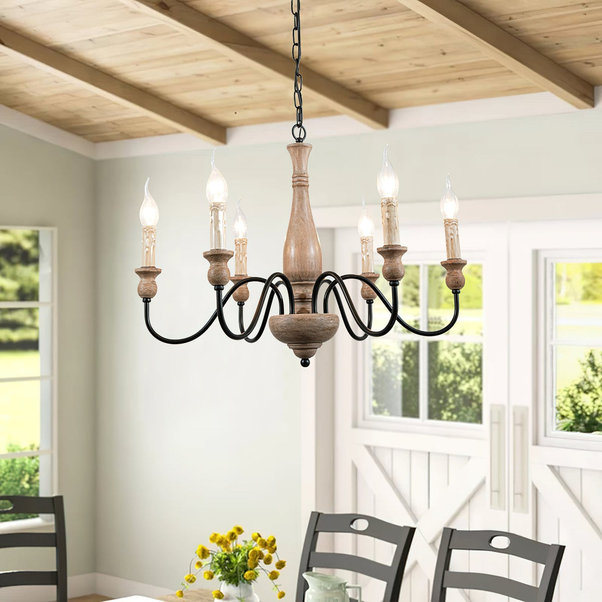 Afralia Wooden Chandelier – Vintage Hand-Carved Wood & Iron Multi-Head Chandelier