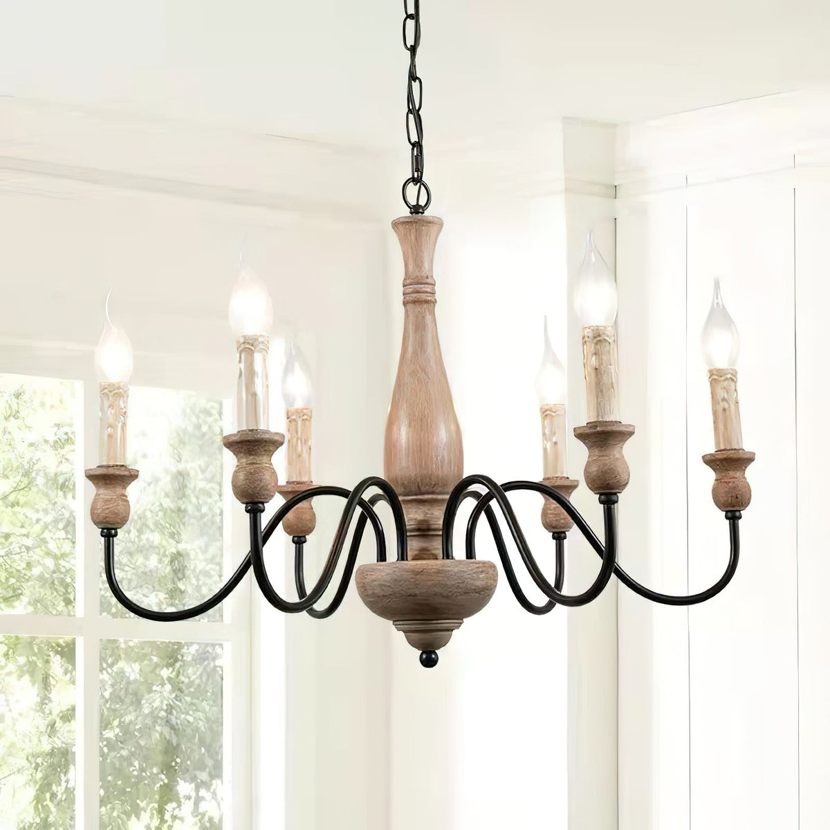 Afralia Wooden Chandelier – Vintage Hand-Carved Wood & Iron Multi-Head Chandelier
