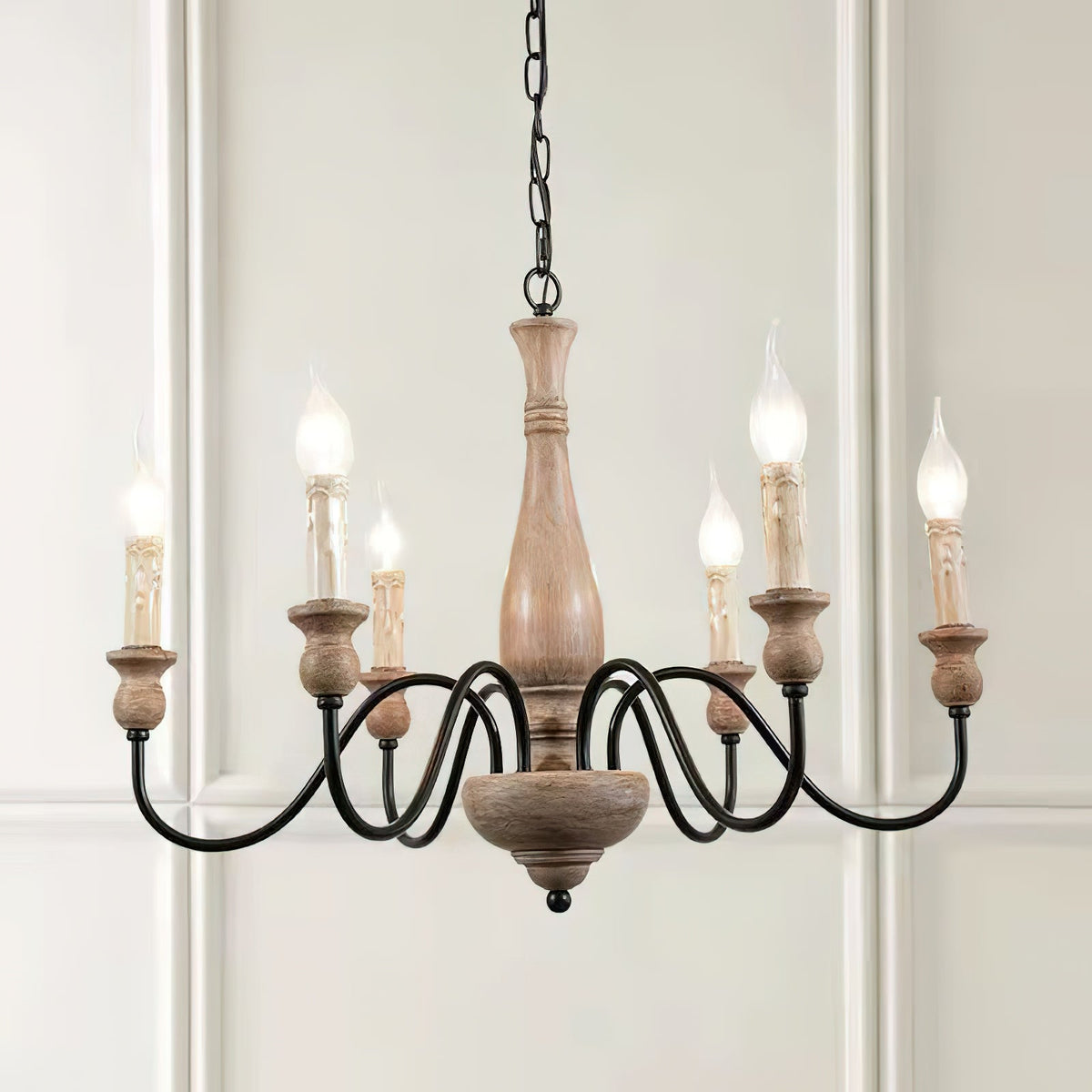Afralia Wooden Chandelier – Vintage Hand-Carved Wood & Iron Multi-Head Chandelier
