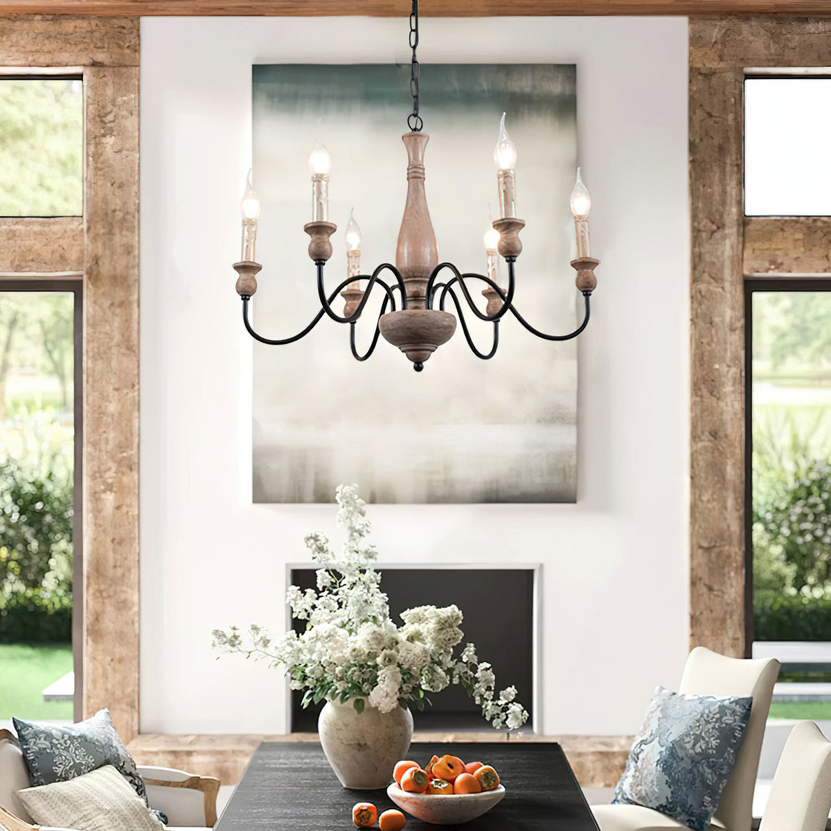 Afralia Wooden Chandelier – Vintage Hand-Carved Wood & Iron Multi-Head Chandelier