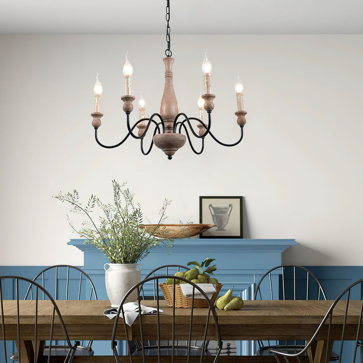 Afralia Wooden Chandelier – Vintage Hand-Carved Wood & Iron Multi-Head Chandelier