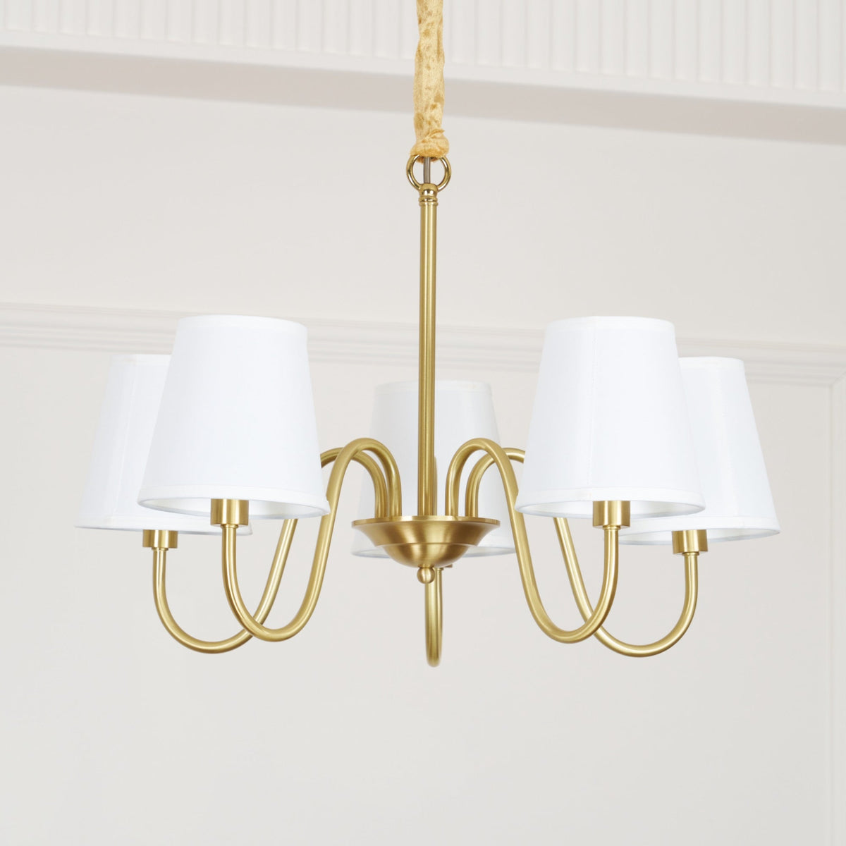 Aged Stacey Chandelier – Transitional Brass & Tailored Linen Shade Candelabra Chandelier