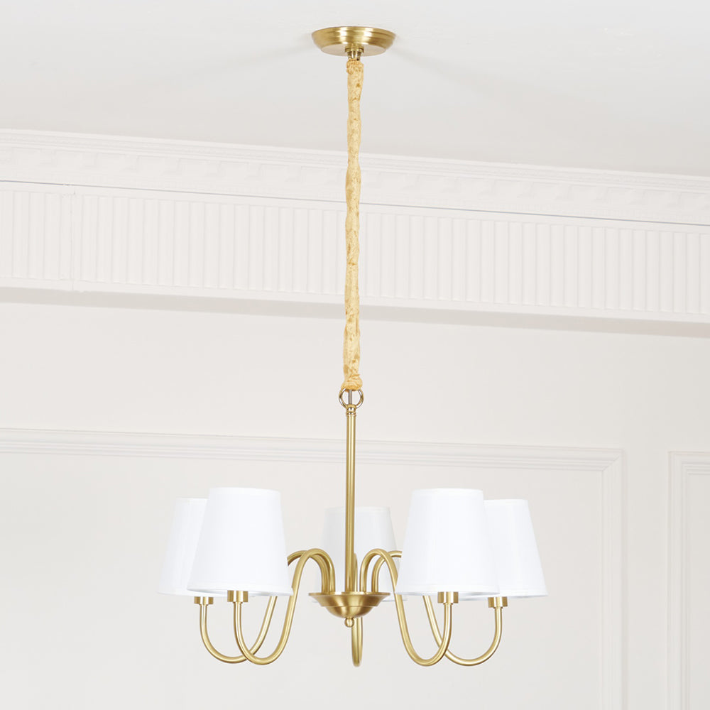 Aged Stacey Chandelier – Transitional Brass & Tailored Linen Shade Candelabra Chandelier