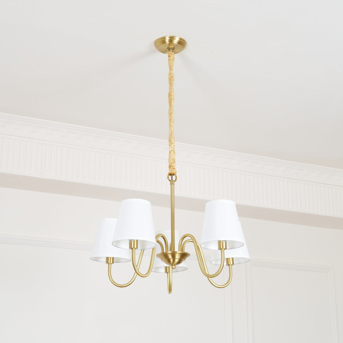 Aged Stacey Chandelier – Transitional Brass & Tailored Linen Shade Candelabra Chandelier