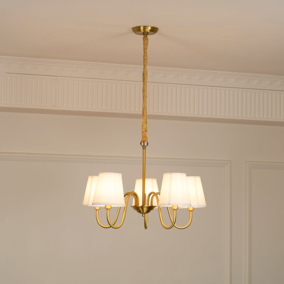 Aged Stacey Chandelier – Transitional Brass & Tailored Linen Shade Candelabra Chandelier