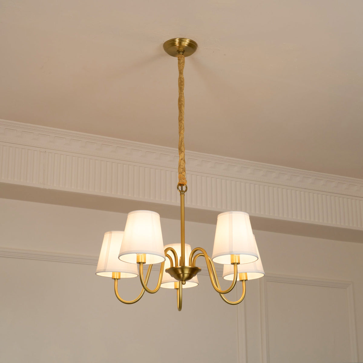 Aged Stacey Chandelier – Transitional Brass & Tailored Linen Shade Candelabra Chandelier