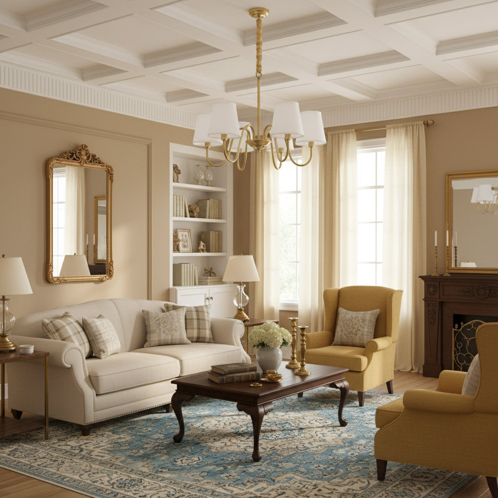 Aged Stacey Chandelier – Transitional Brass & Tailored Linen Shade Candelabra Chandelier