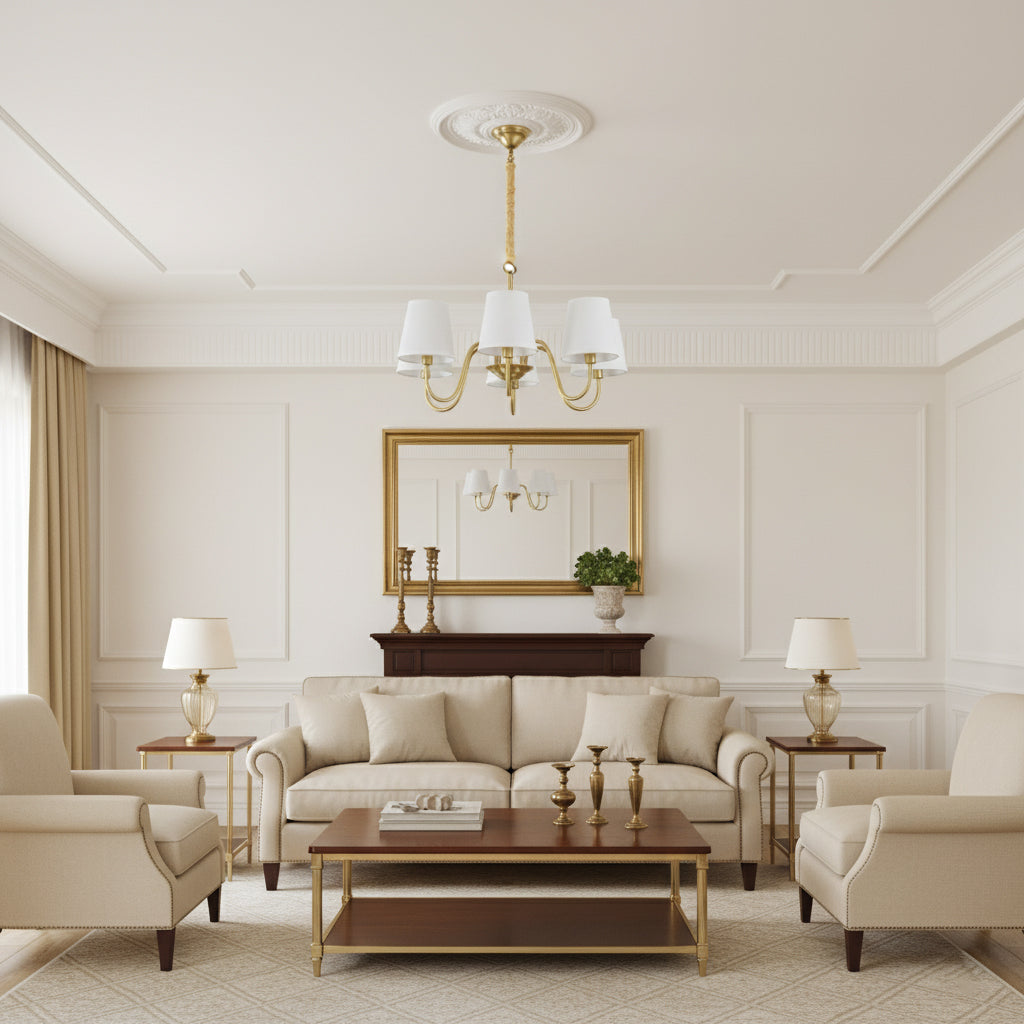 Aged Stacey Chandelier – Transitional Brass & Tailored Linen Shade Candelabra Chandelier