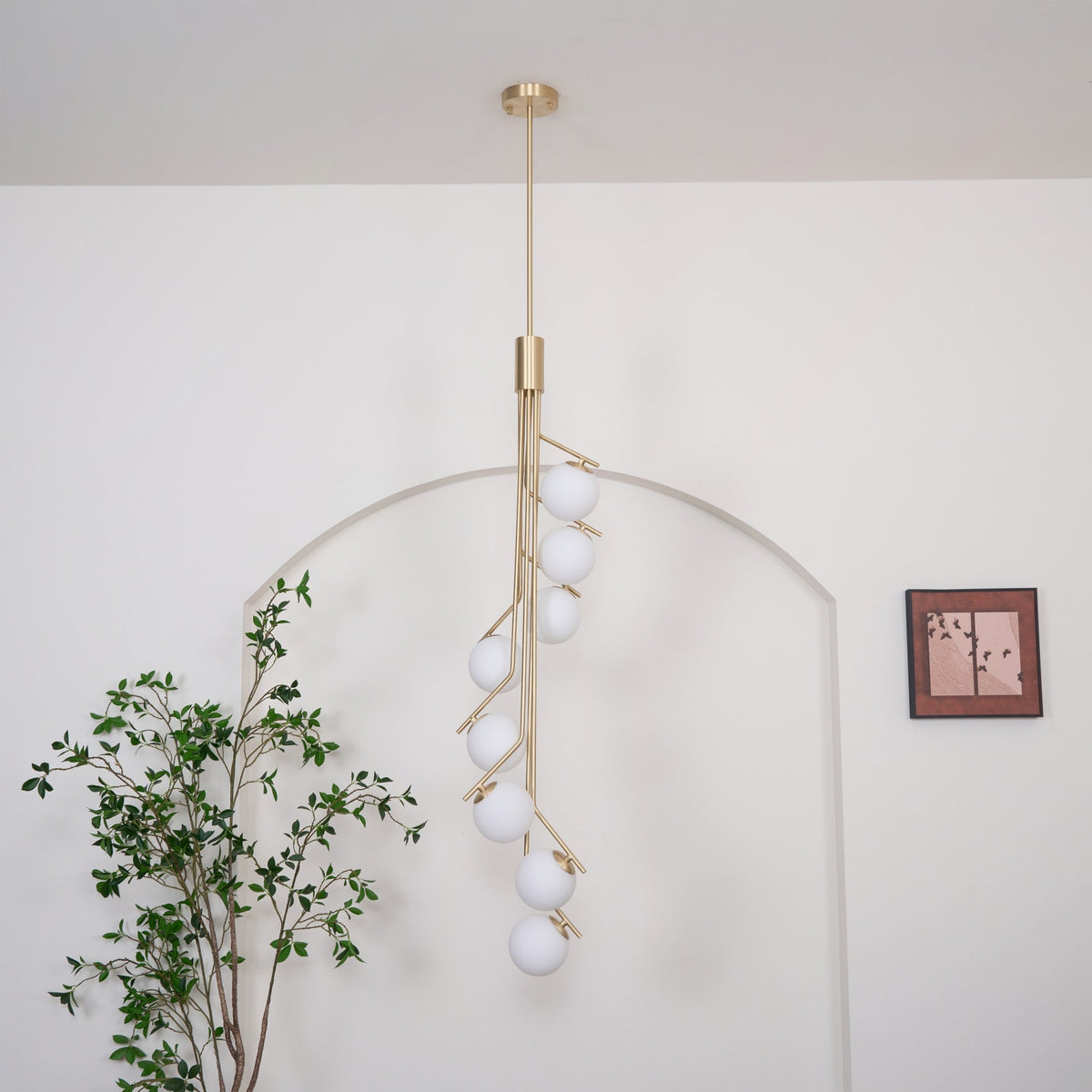 Ageet Pendant Light – Brass Vertical Stem & Spherical Glass Modern Chandelier