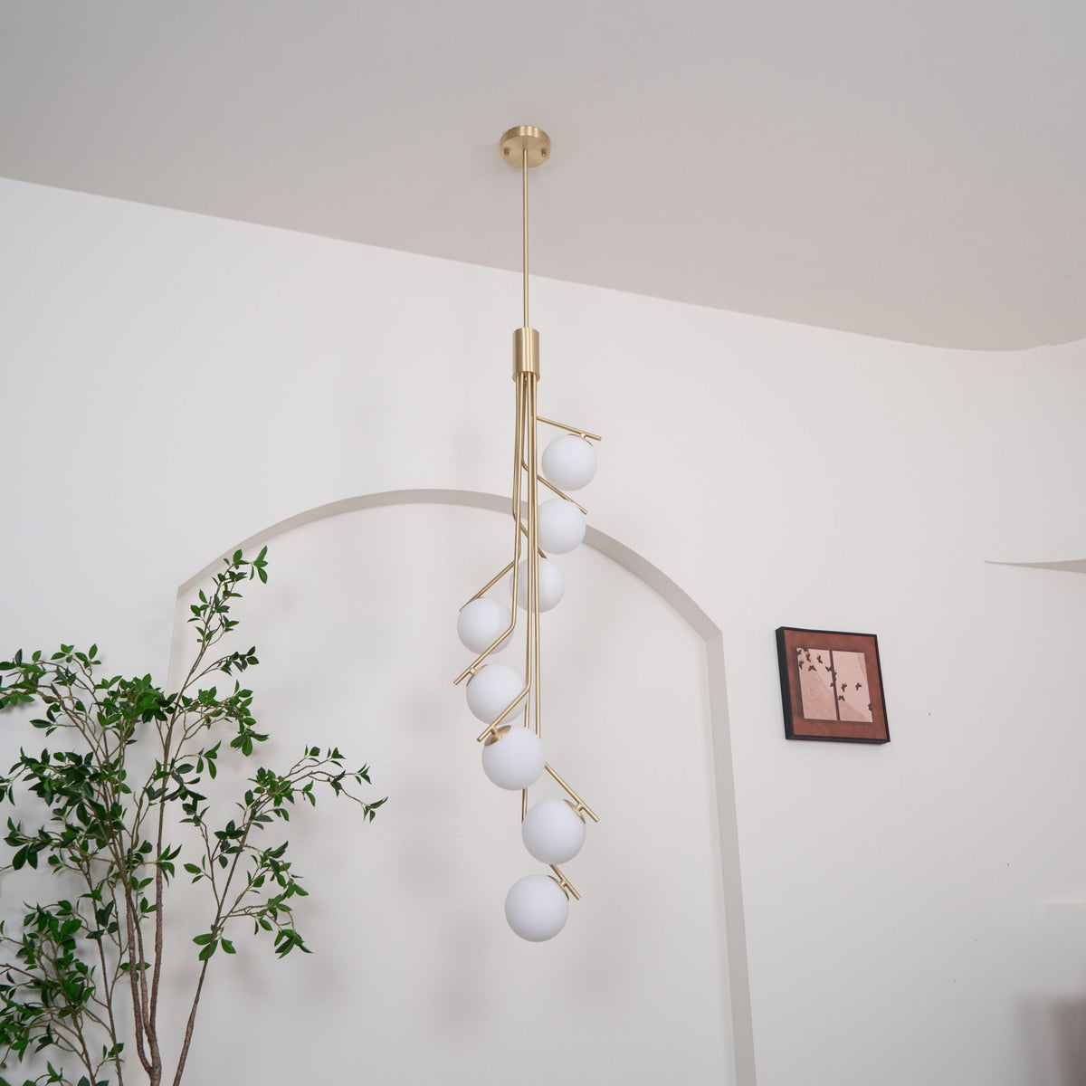 Ageet Pendant Light – Brass Vertical Stem & Spherical Glass Modern Chandelier