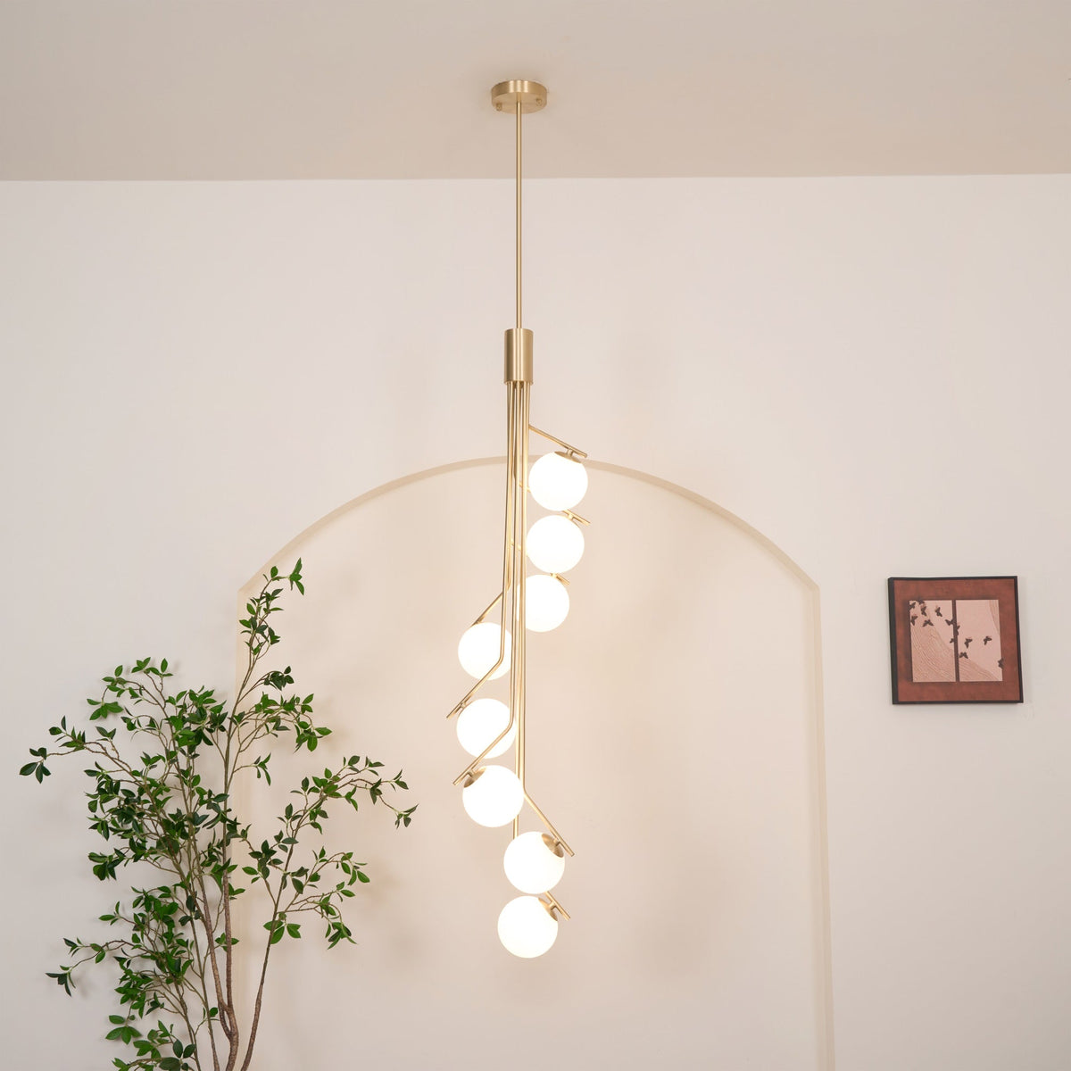 Ageet Pendant Light – Brass Vertical Stem & Spherical Glass Modern Chandelier