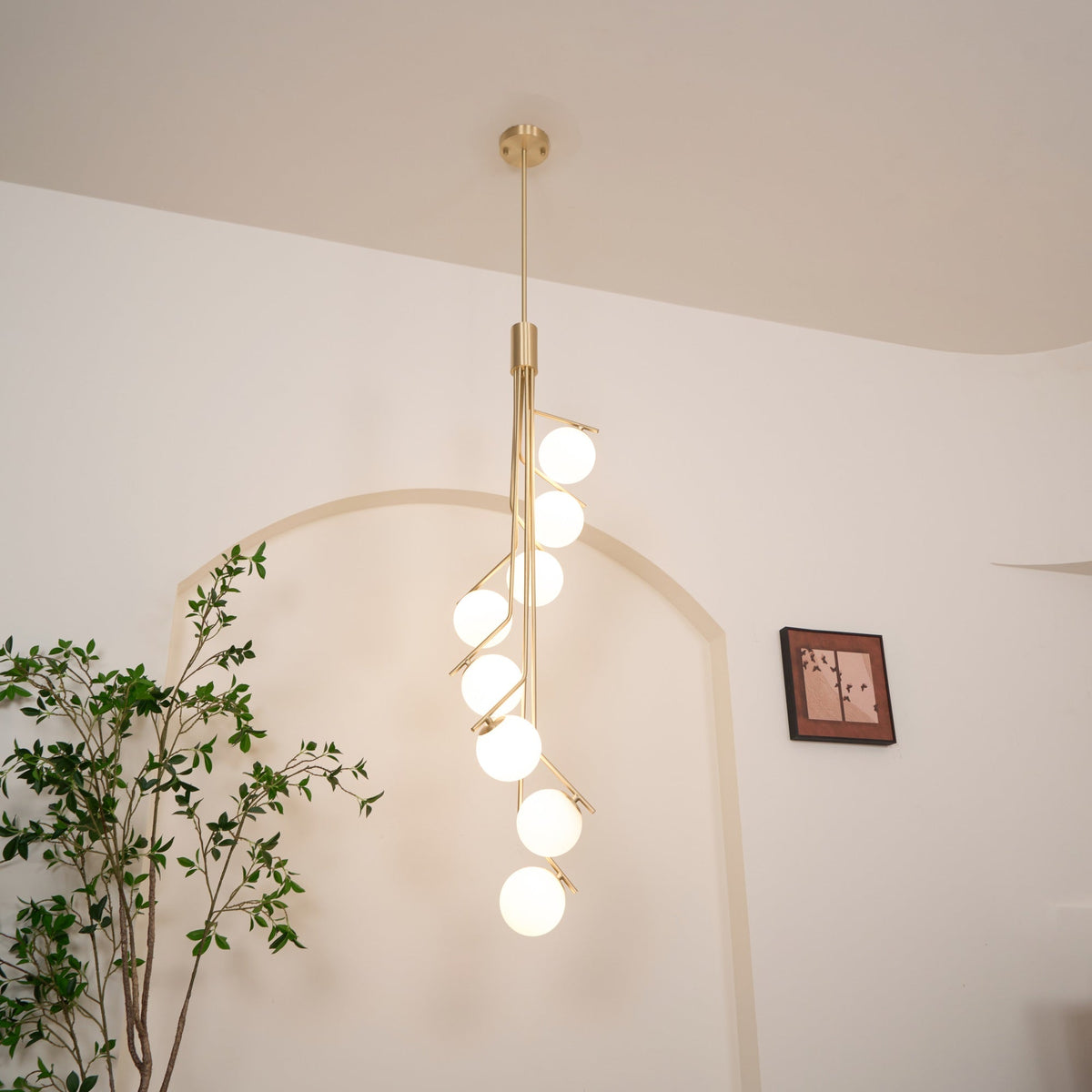Ageet Pendant Light – Brass Vertical Stem & Spherical Glass Modern Chandelier
