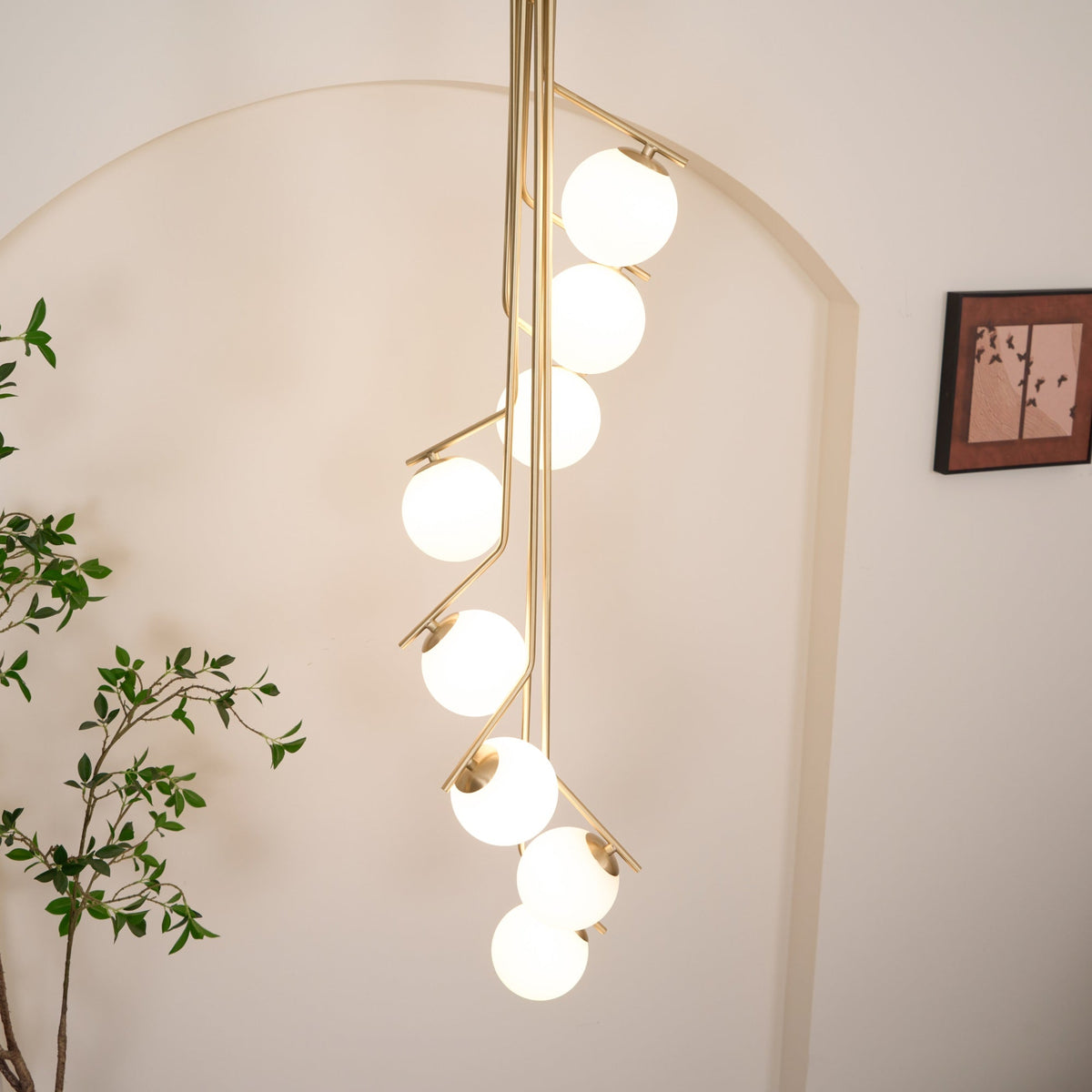 Ageet Pendant Light – Brass Vertical Stem & Spherical Glass Modern Chandelier