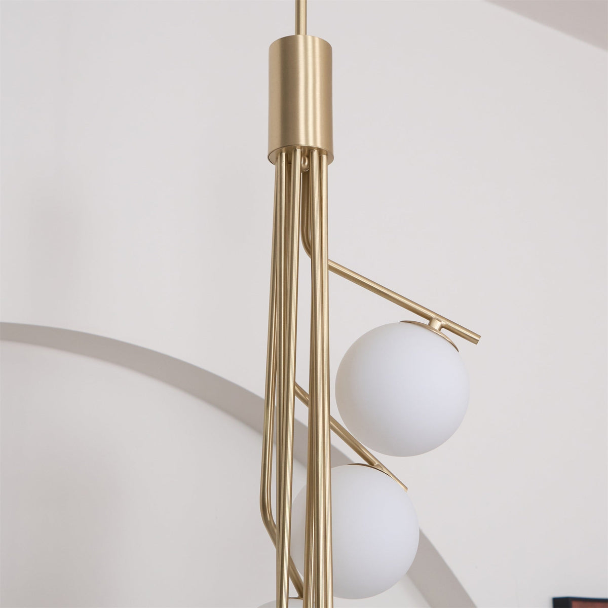 Ageet Pendant Light – Brass Vertical Stem & Spherical Glass Modern Chandelier