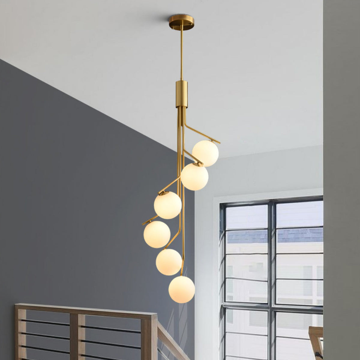 Ageet Pendant Light – Brass Vertical Stem & Spherical Glass Modern Chandelier