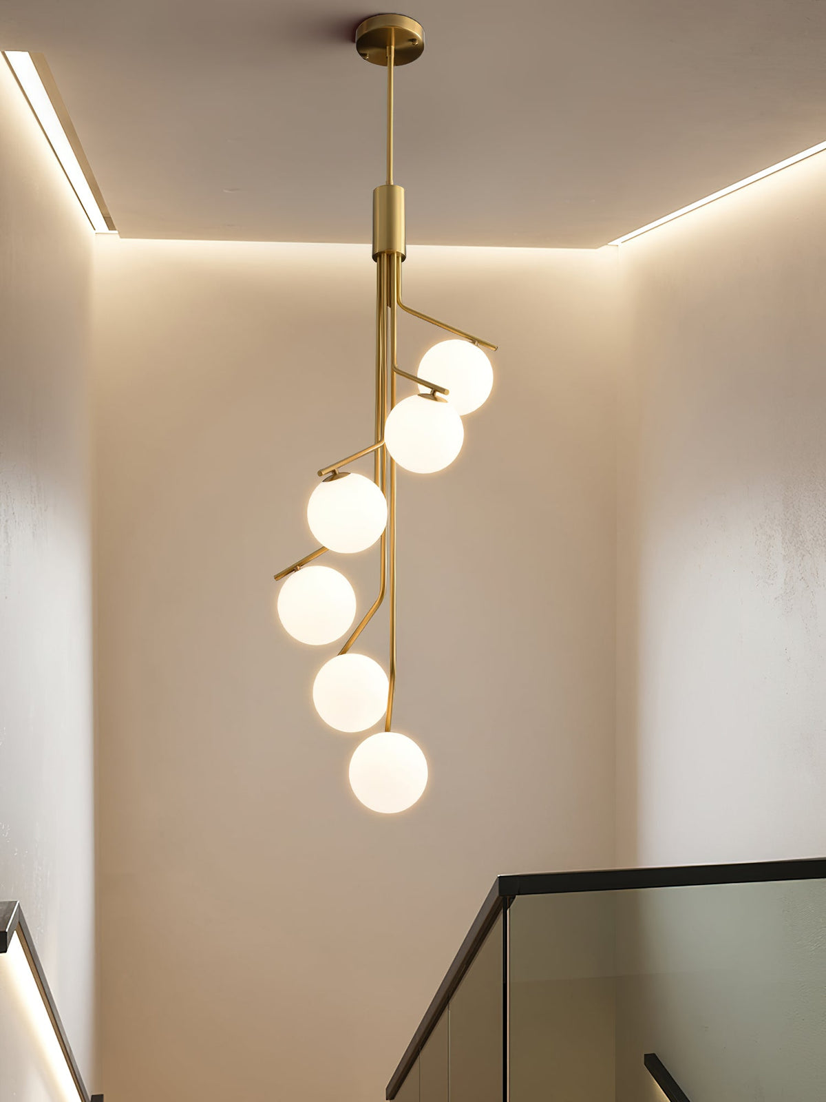 Ageet Pendant Light – Brass Vertical Stem & Spherical Glass Modern Chandelier