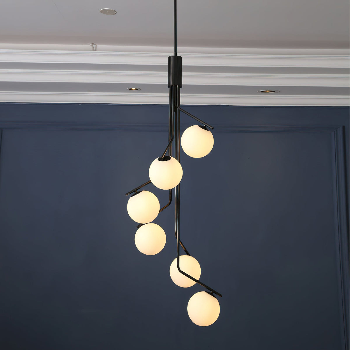 Ageet Pendant Light – Brass Vertical Stem & Spherical Glass Modern Chandelier