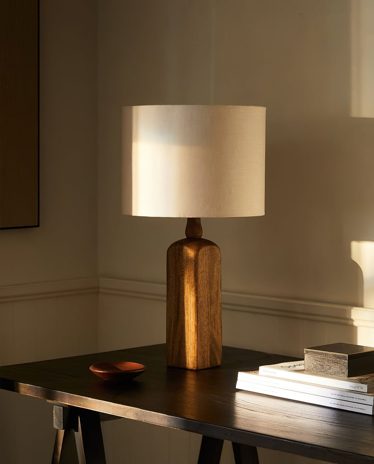 Aisling Table Lamp – Undulating Solid Wood Base & Linen Shade Modern Table Light