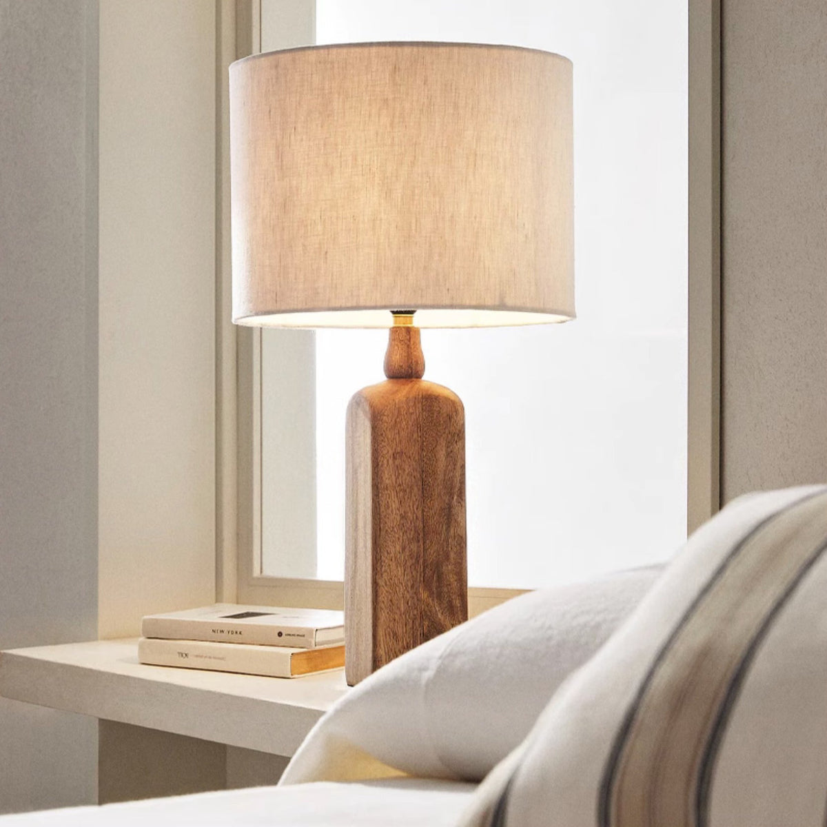 Aisling Table Lamp – Undulating Solid Wood Base & Linen Shade Modern Table Light
