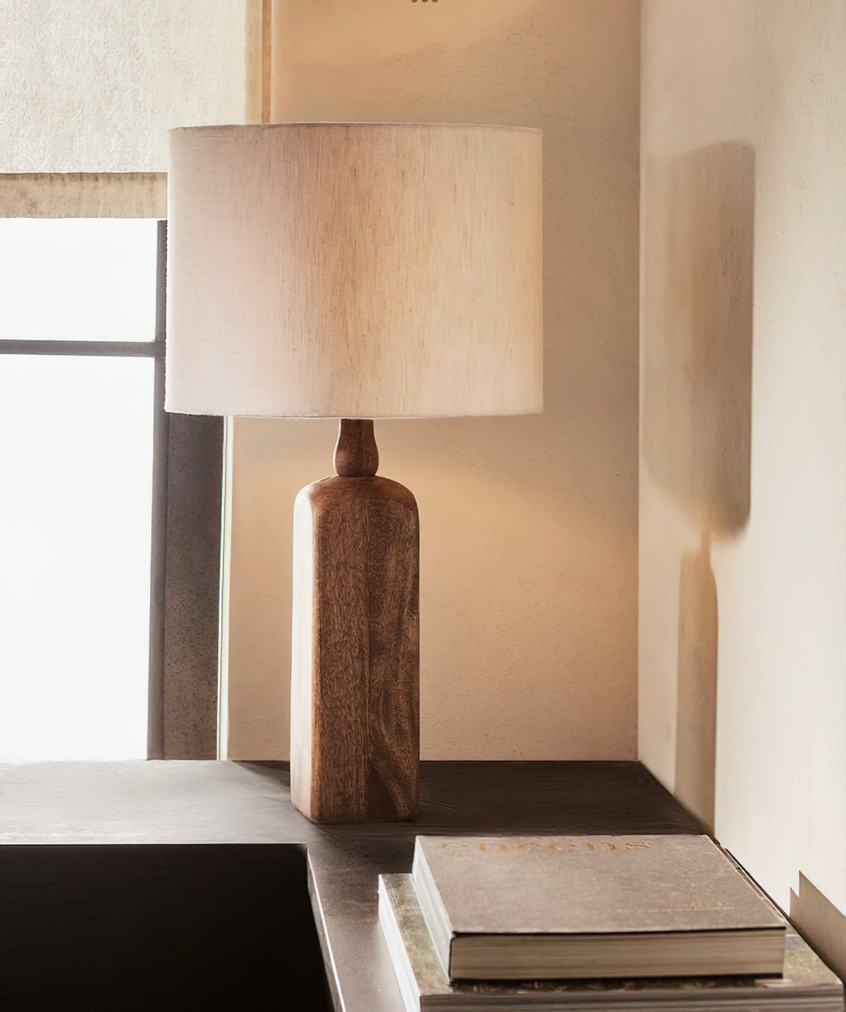Aisling Table Lamp – Undulating Solid Wood Base & Linen Shade Modern Table Light