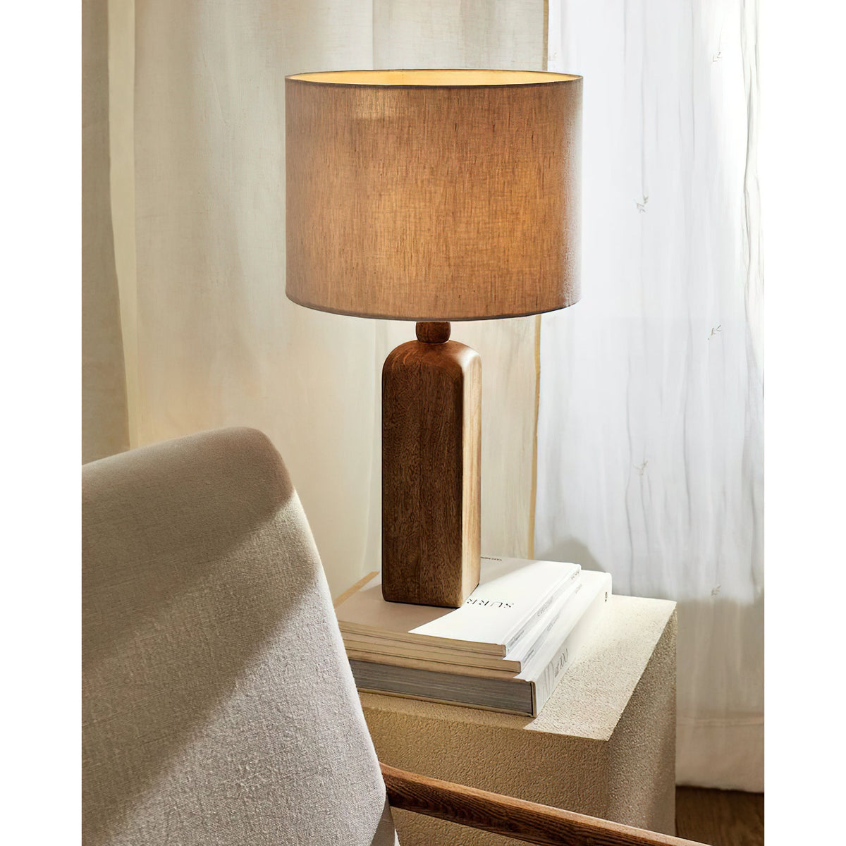 Aisling Table Lamp – Undulating Solid Wood Base & Linen Shade Modern Table Light