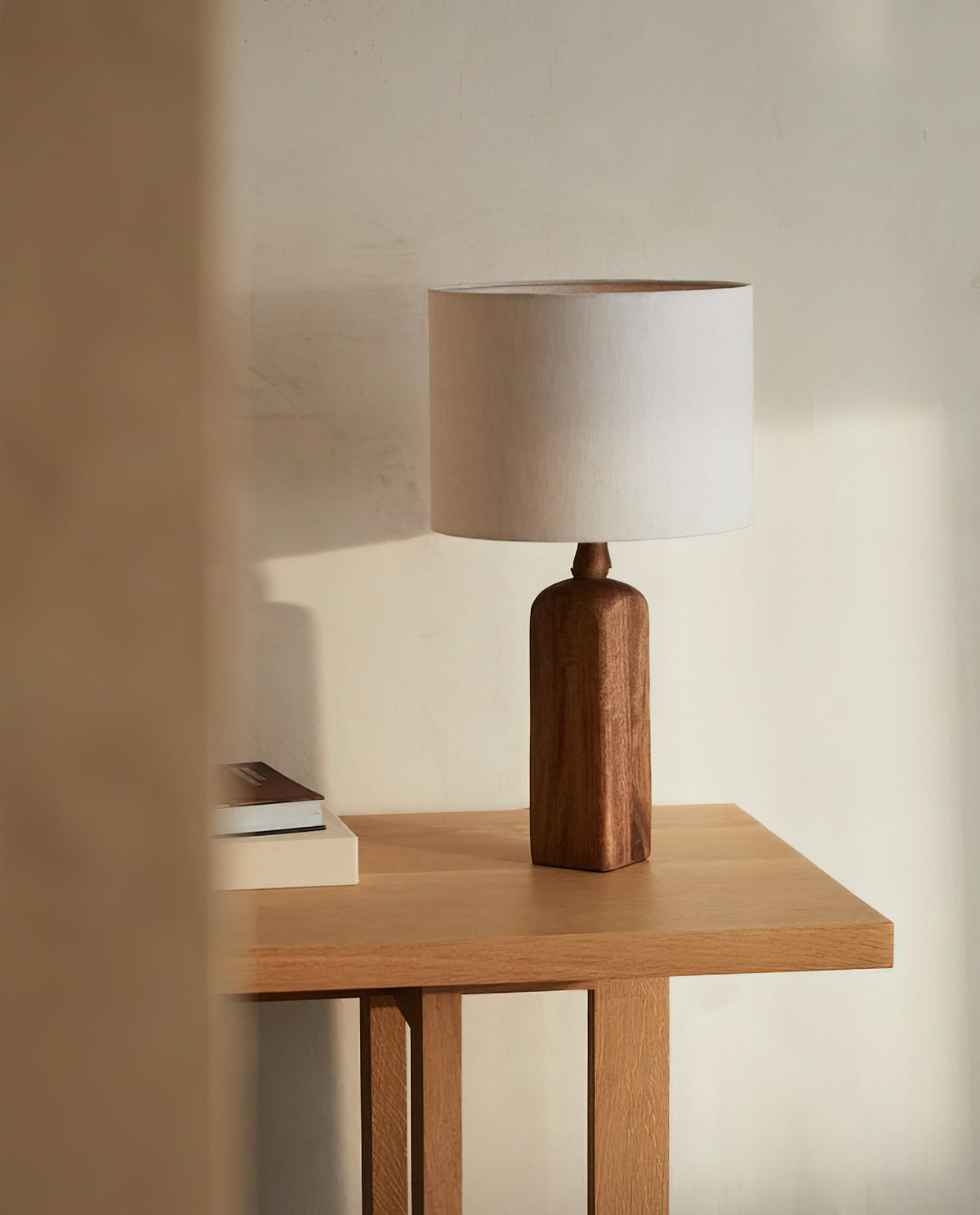 Aisling Table Lamp – Undulating Solid Wood Base & Linen Shade Modern Table Light