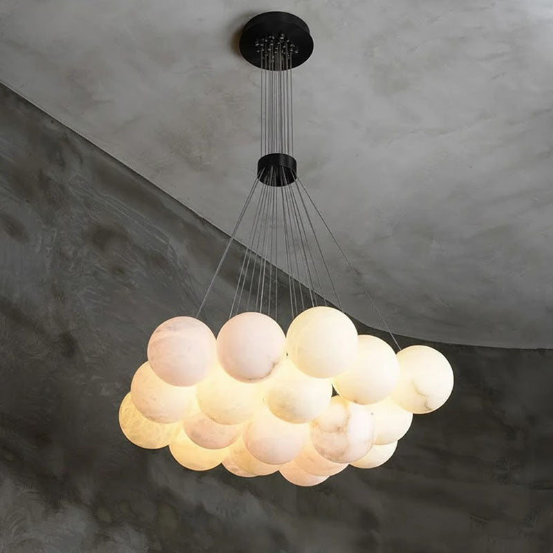 Alabaster Lunar Chandelier – Natural Stone Globes & Brass Modern Tiered Chandelier