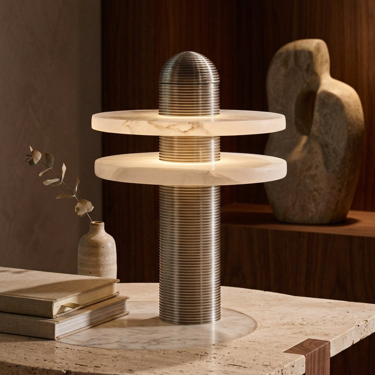 Alabaster Comet Table Lamp – Translucent Stone Planes & Fluted Brass Modern LED Light