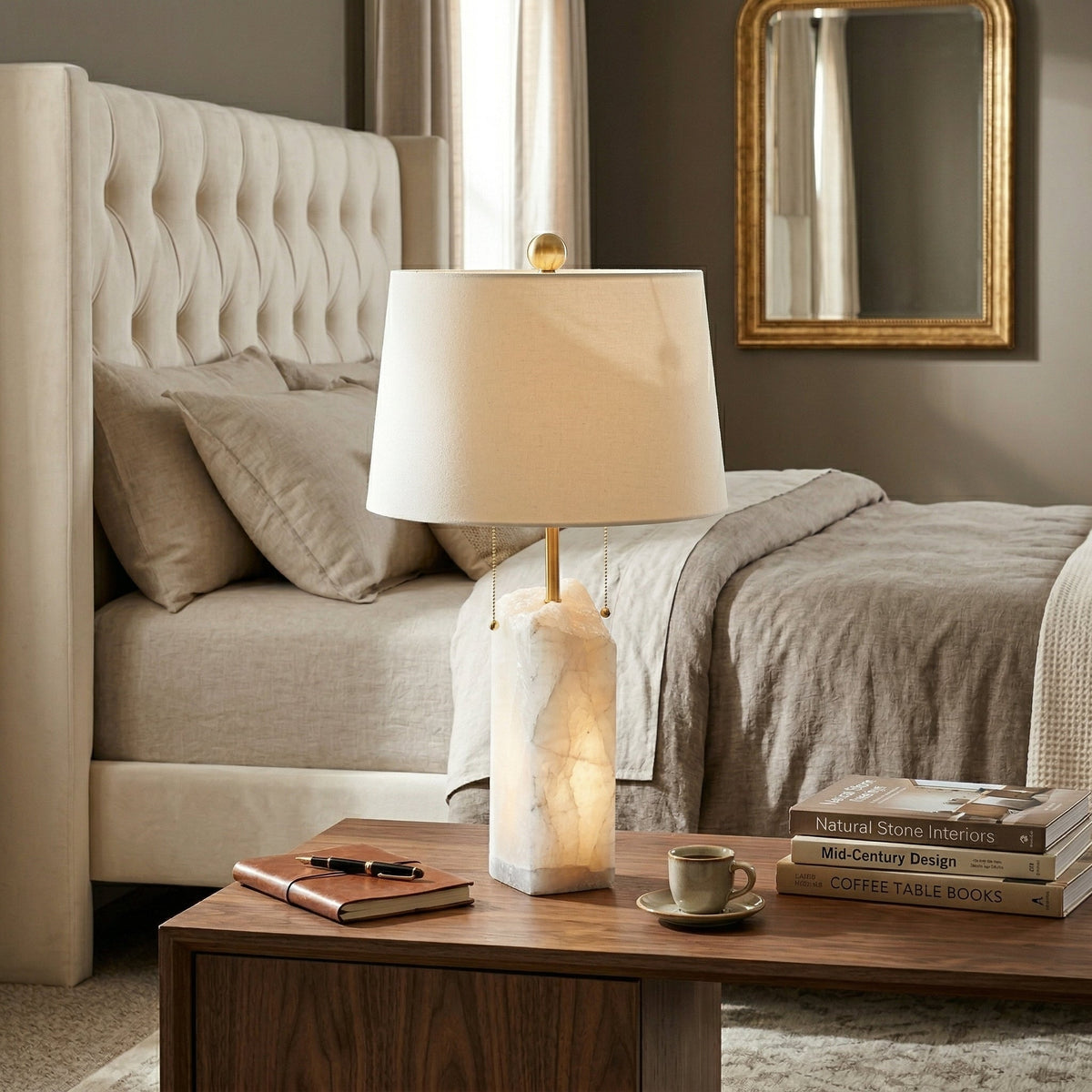 Raw Alabaster Table Lamp - Natural Stone Base & Linen Shade