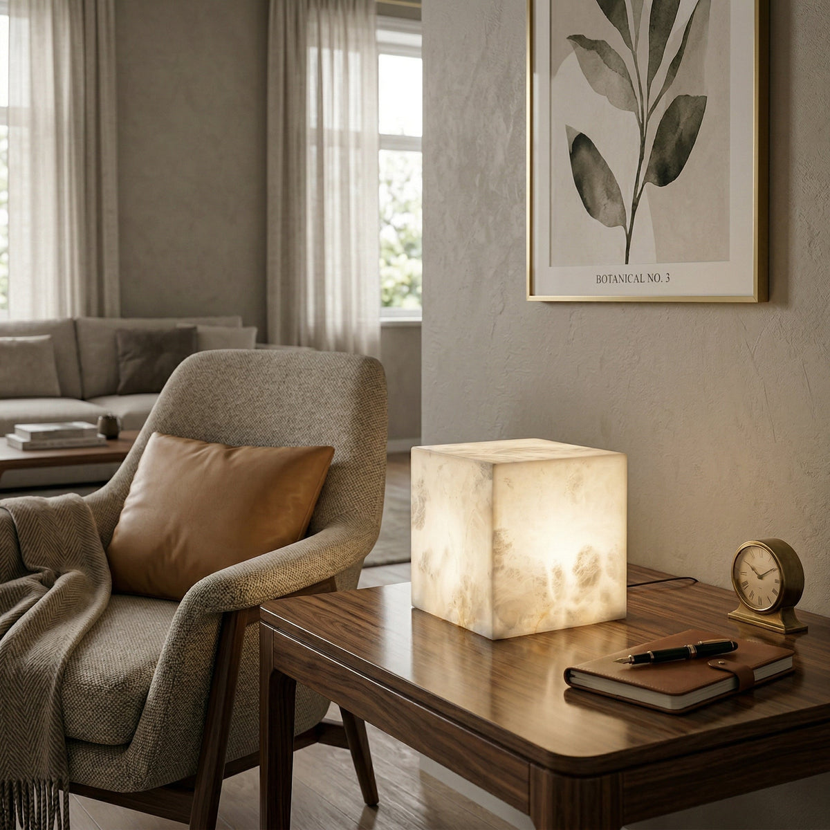 Alabaster Cubic Table Lamp – Solid Imported Spanish Stone Modern LED Cube Light