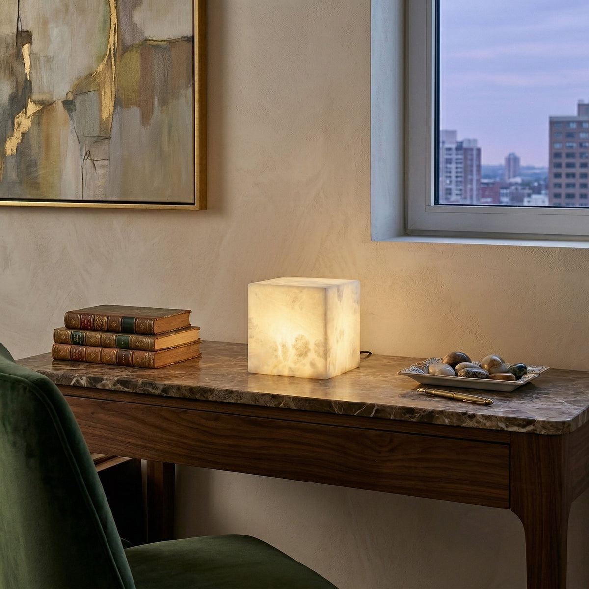Alabaster Cubic Table Lamp – Solid Imported Spanish Stone Modern LED Cube Light