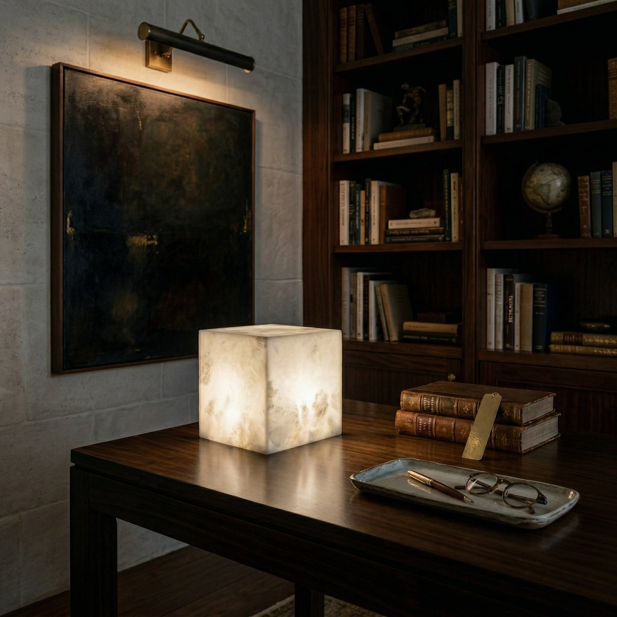 Alabaster Cubic Table Lamp – Solid Imported Spanish Stone Modern LED Cube Light