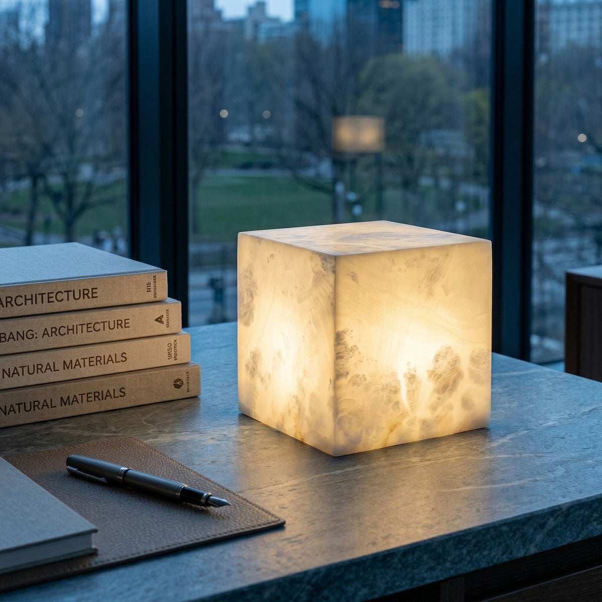 Alabaster Cubic Table Lamp – Solid Imported Spanish Stone Modern LED Cube Light