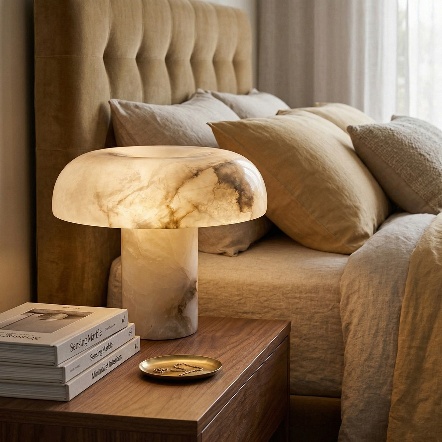 Mushroom Type Alabaster Table Lamp - Spanish Cloud Stone & Brass Desk Light | Modern Organic