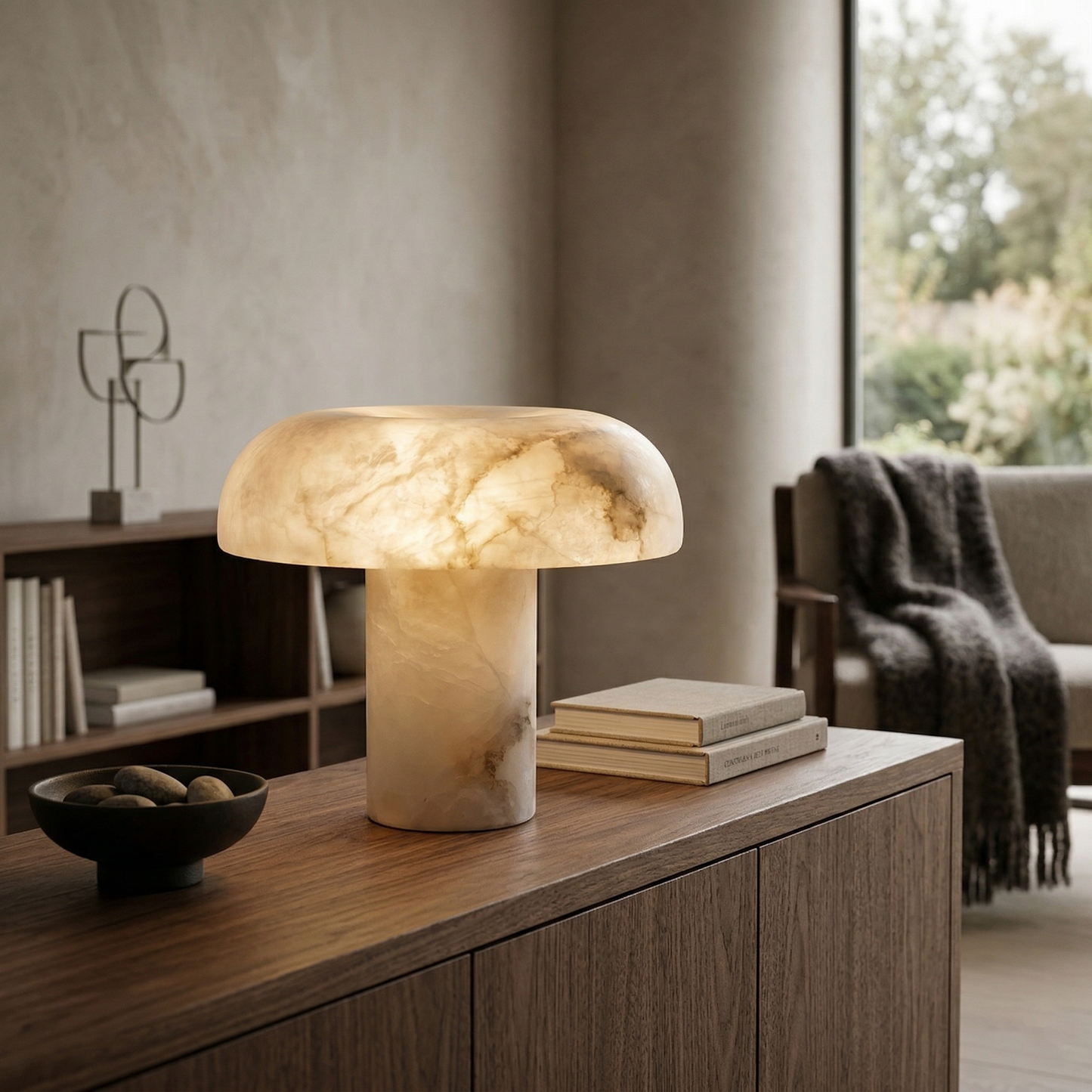 Mushroom Type Alabaster Table Lamp - Spanish Cloud Stone & Brass Desk Light | Modern Organic