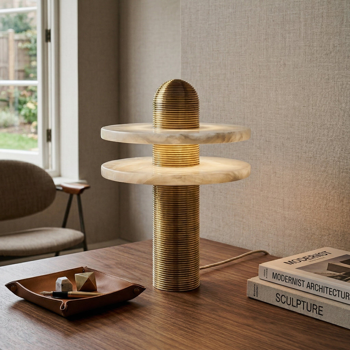 Alabaster Comet Table Lamp – Translucent Stone Planes & Fluted Brass Modern LED Light