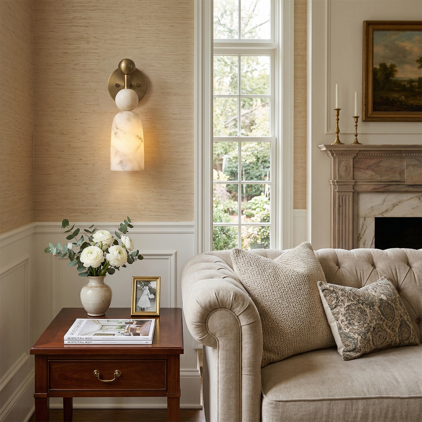 Flume Alabaster Wall Lamp - Vintage-Inspired Brass & Marble Sconce