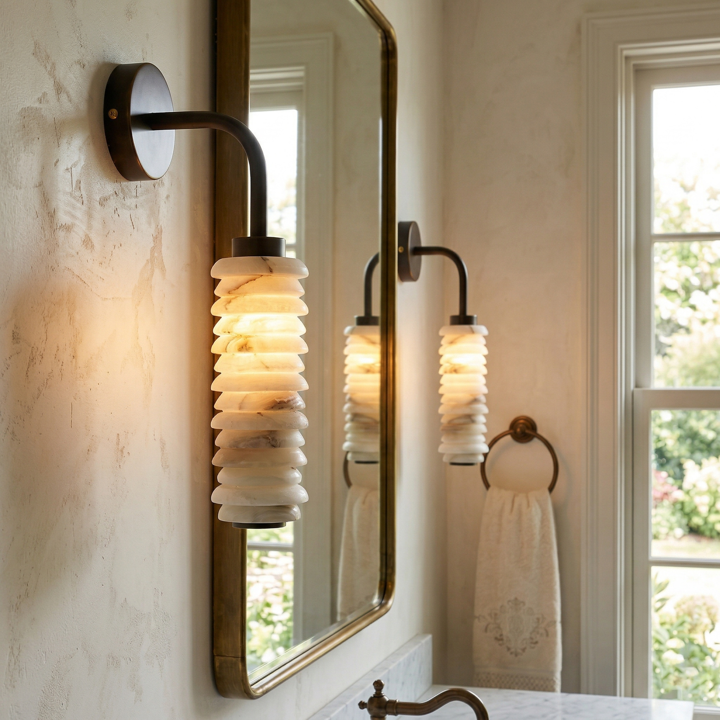 Payson Alabaster Wall Sconce - Natural Stone & Antique Brass LED Sconce | Luxury Architectural Lighting