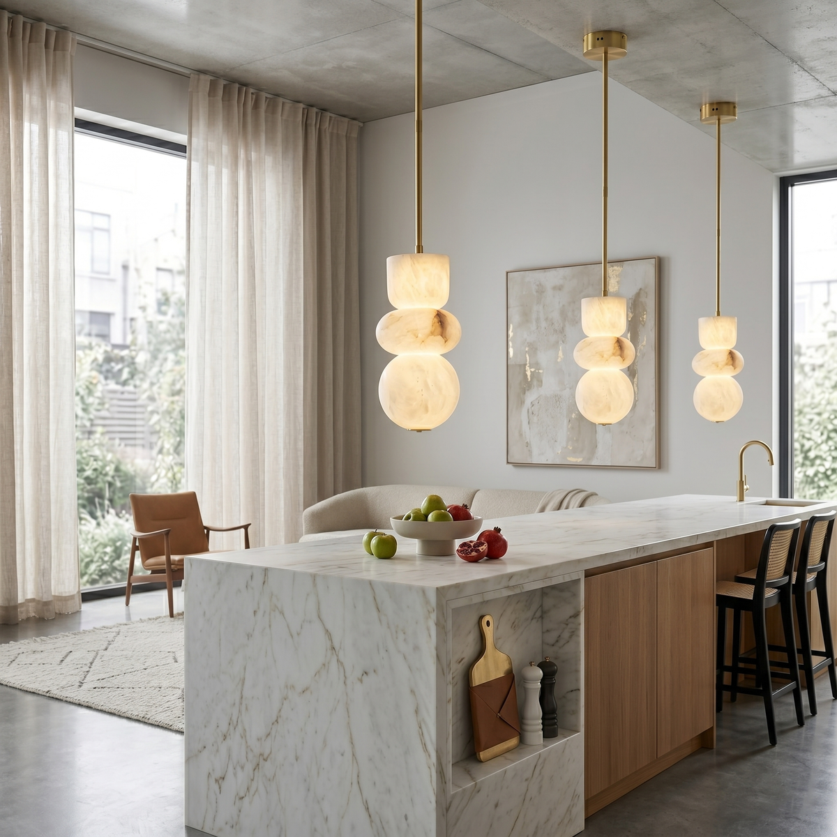 Alabaster Totem Pendant Lamp – Natural Stone Cylinder & Brass Modern LED Pendant